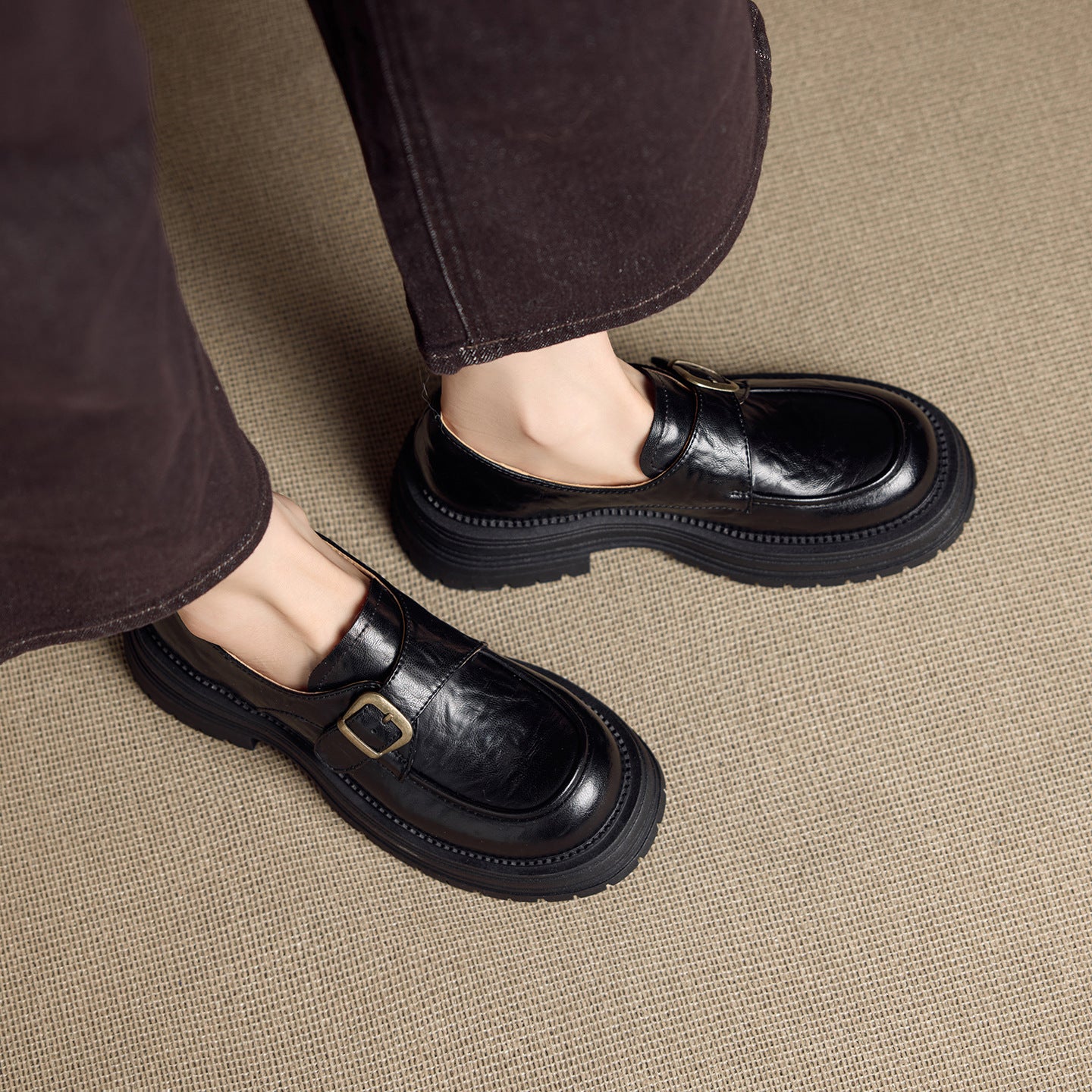 Buckle Thick-soled British Style Vintage Black One Pedal Single-layer Cowhide Leather Shoes