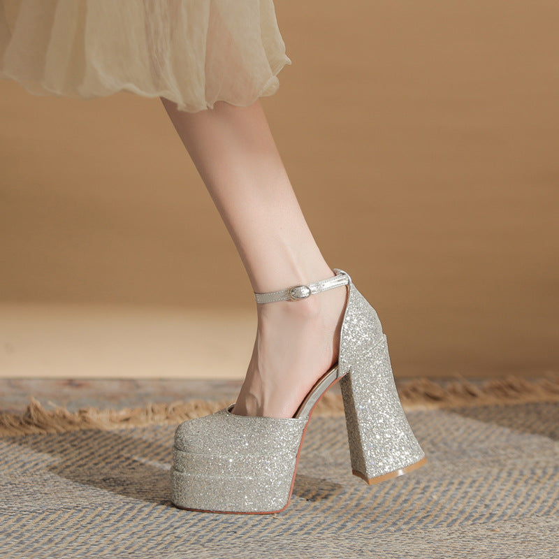 Women's Golden Square Toe Chunky Hollow Waterproof Platform Super High Wedding Women's Fashion Shoes