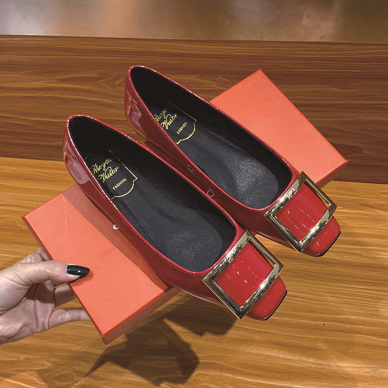 Women's Square Buckle Toe Flats Patent Low-cut Women's Shoes