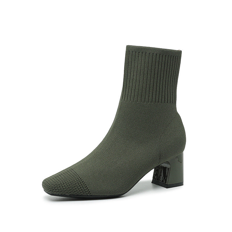Women's Elastic Chunky Thin Knitted Sock Black Square Boots