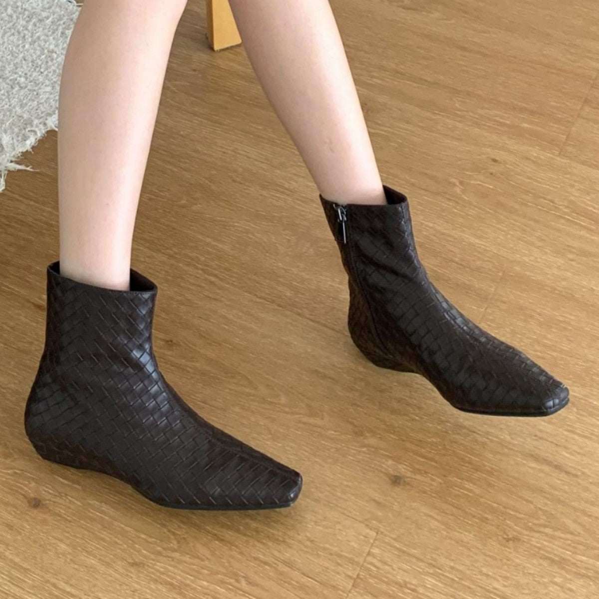 Women's Korean Style Square Head Woven Loose Sleeve Wedge Short Low Women's Leather Boots