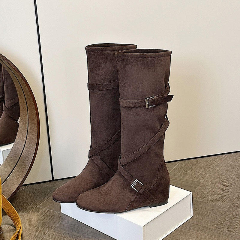 Increasing Korean Round Head Buckle Soft Pleated High Female Women's Leather Boots