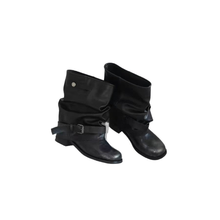 Women's Insole Round Head Belt Buckle Flanging Brushed Pleated Pile Style Women's Leather Boots