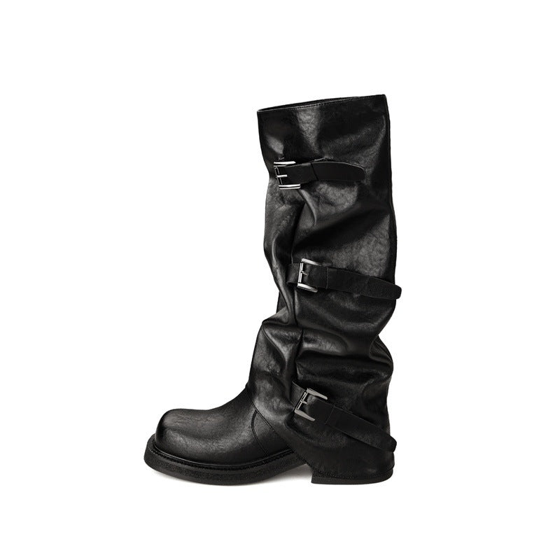 Women's Height Increasing Belt Buckle Head Amber Streamer Wind Western Pile Women's Leather Boots