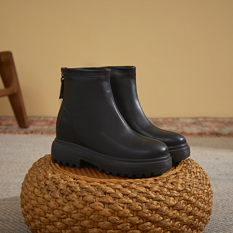 Height Increasing Insole Small Stretch Female British Style Chunky Platform Women's Leather Boots