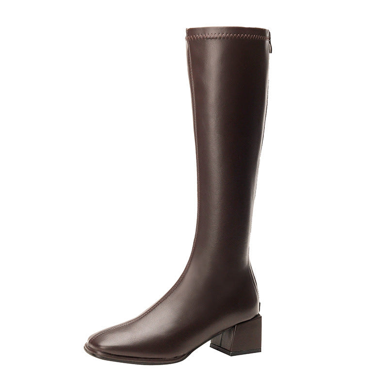 Long Female Chunky Square Toe Rear Zipper Slimming High Boots