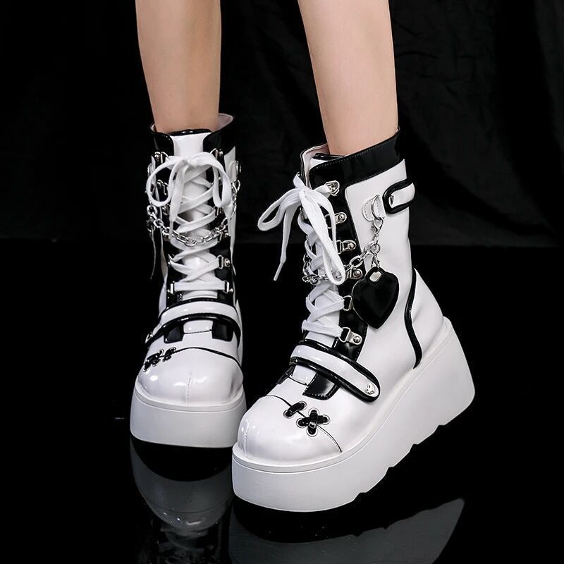 Women's Bottom Punk Motorcycle Platform Middle Tube Cute Hot Women's Leather Boots