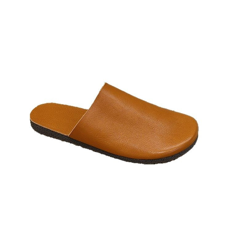 Women's Summer Fashion Round Toe Bottom Top Layer Cowhide Retro Closed Flat Slippers