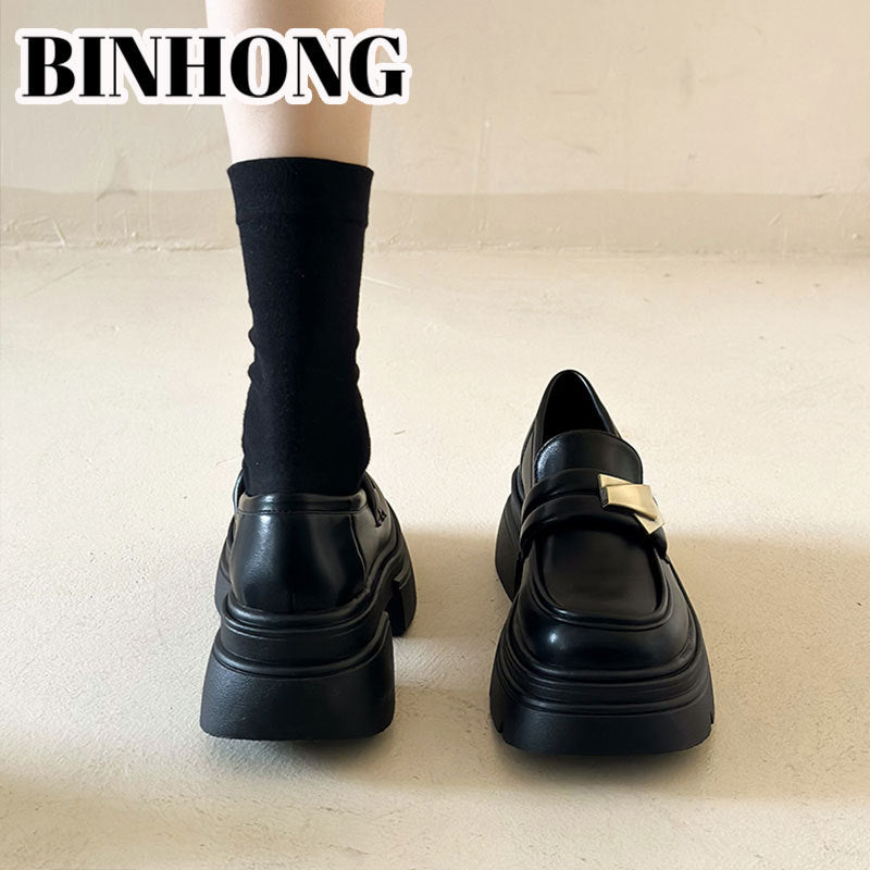 Women's Platform Spring Slip-on Pumps Height Increasing Leather Shoes