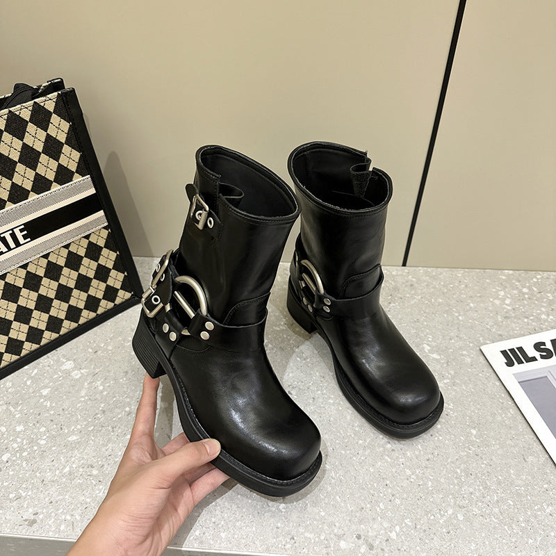 Brown Genuine Knee-high Square Head Sleeve Boots