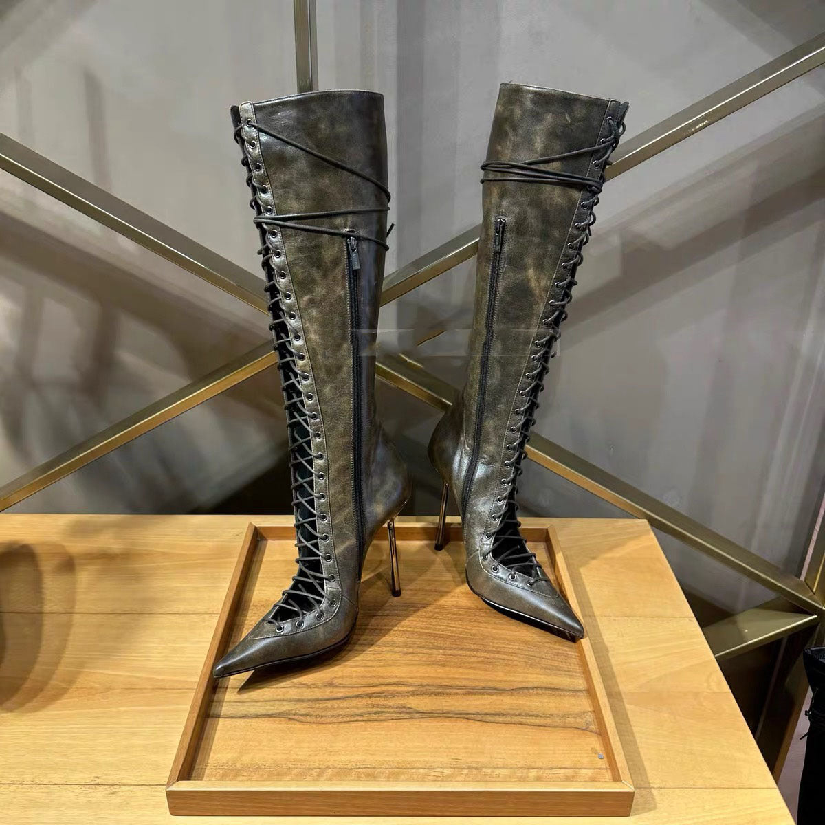 Women's Cutout Pointed Toe Stiletto High Leg Women's Leather Boots