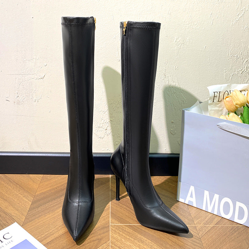 Women's Pointed Stiletto Stretch Thin Below The Knee Women's Leather Boots