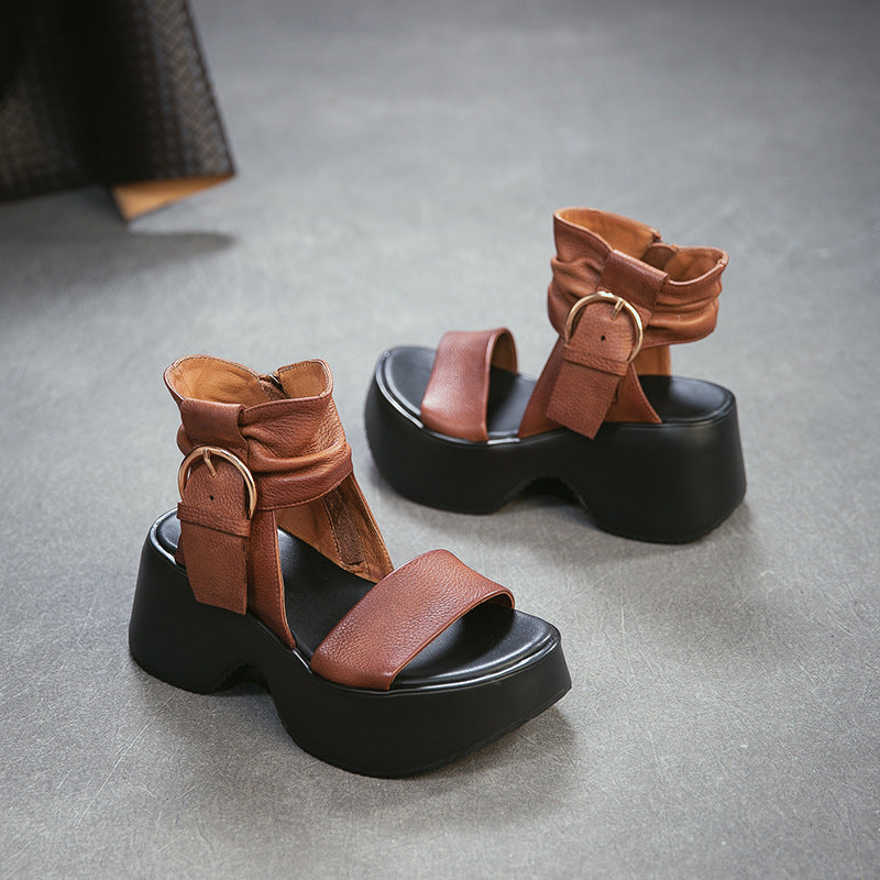 Women's Commuter First Layer Cowhide Ankle Side Zipper Small Height Platform Sandals