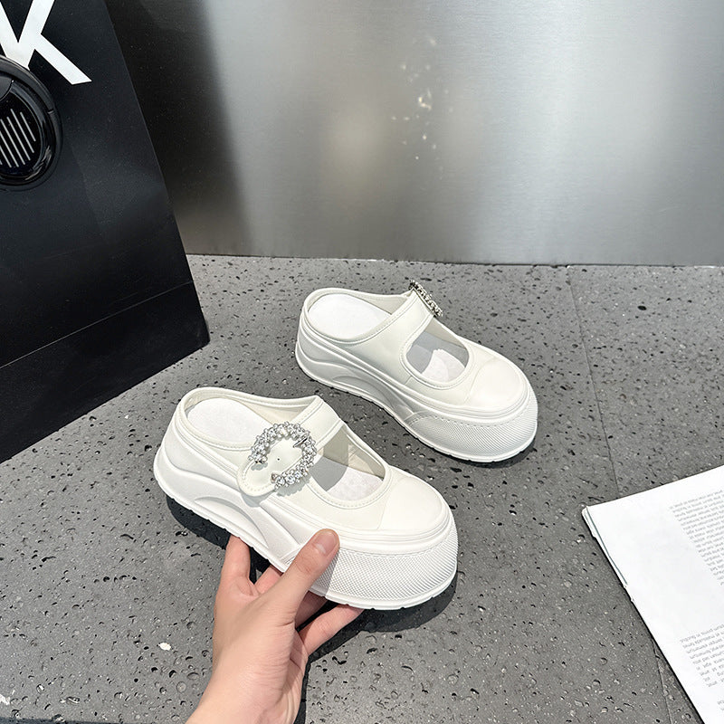 Women's Mary Jane Rhinestone Platform Muffin White Thick-soles Slippers
