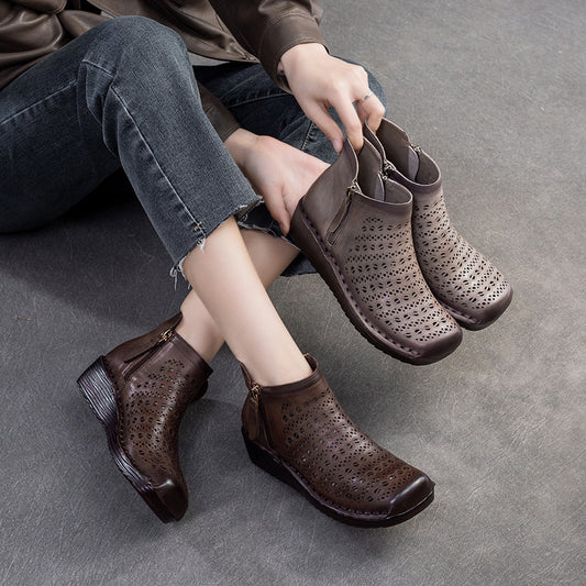 British Style Breathable Hollow Side Zipper Flat Platform Sandals