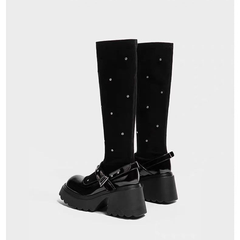 Women's Stretch Small Height Increasing Rhinestone Mary Jane Boots