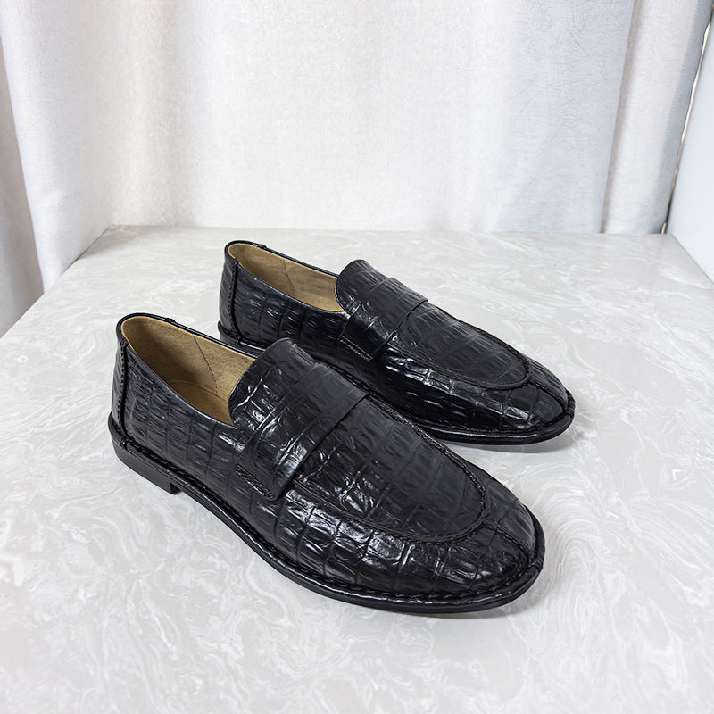 Women's Genuine Flat Round Head Slip-on Simple Fashion British Small Leather Shoes