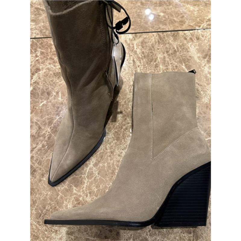 Pointed French Style High Female Khaki Western Cowboy Retro Heels