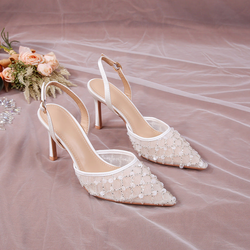 Women's Wedding Stiletto White Lace Pointed Toe Mesh Sequins High Heeled Sandals