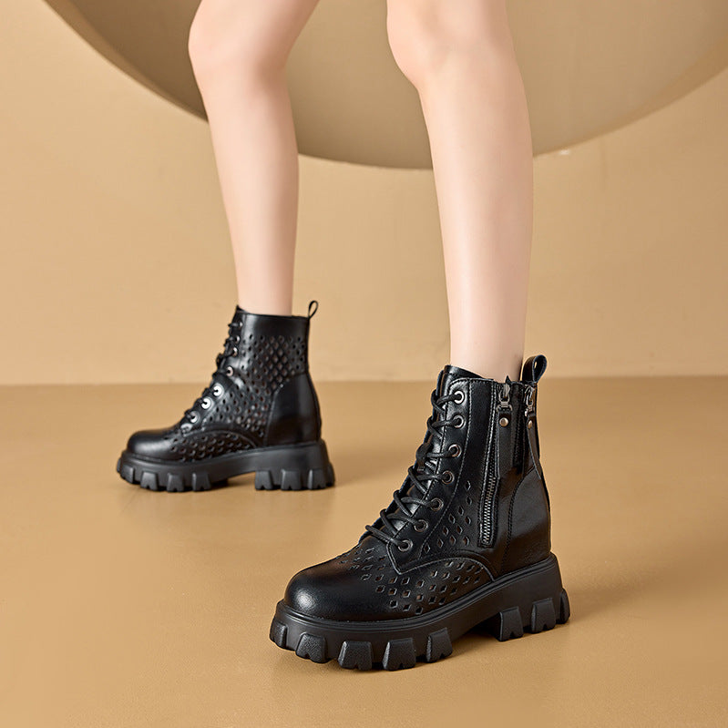 Women's Festival Authentic Hollow Out Martin Platform Height Increasing Insole Double-sided Women's Leather Boots
