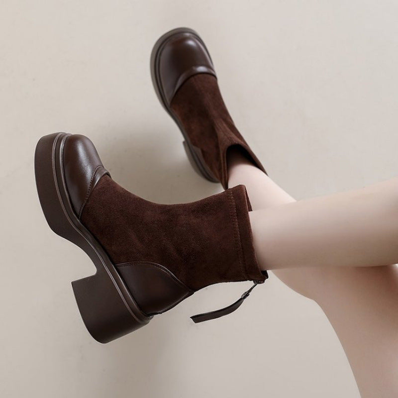 British Style Small Man Platform Chunky Booties Stretch Women's Leather Boots