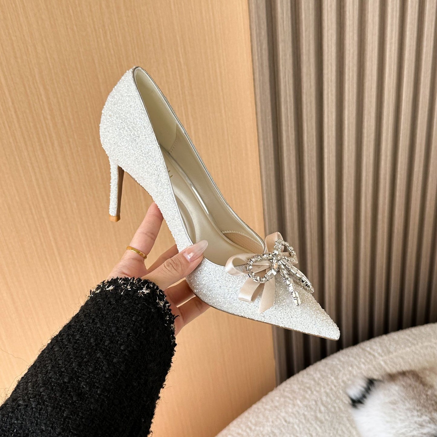 Women's Wedding Crystal Bow High Pointed Sequins Women's Fashion Shoes