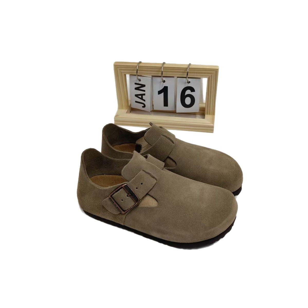 Women's All-inclusive Cork Sole Cowhide Platform Height Increasing Slippers