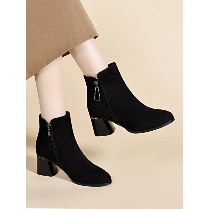 Women's Sheepskin Suede Short Pointed Western Style Skinny Chunky Women's Leather Boots