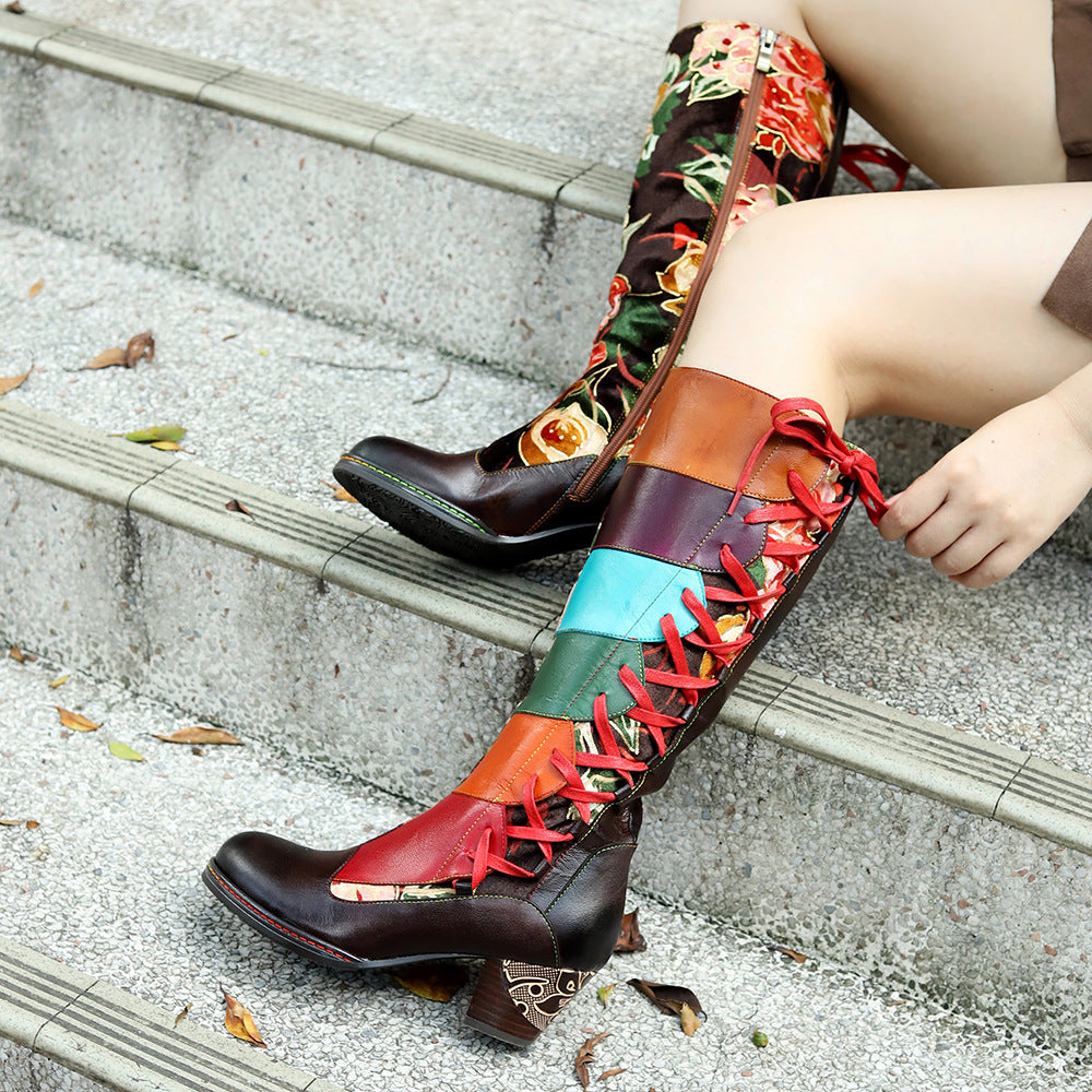 Hand-rub Color Printing Colored Mosaic Lace Up Chunky Boots