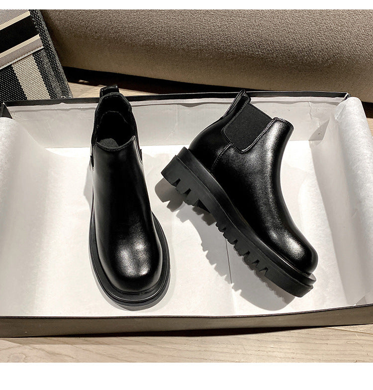 Women's Cowhide Version Fleece-lined Platform Chelsea Booties Hight Increasing Martin Women's Leather Boots