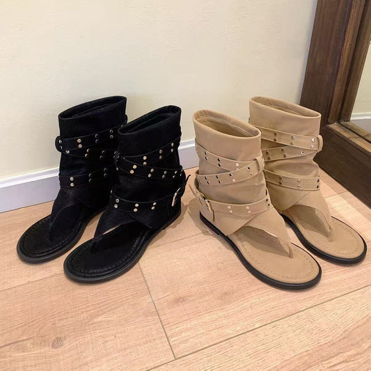 Women's Increasing Insole Summer Rivet Belt Buckle Hot Women's Leather Boots