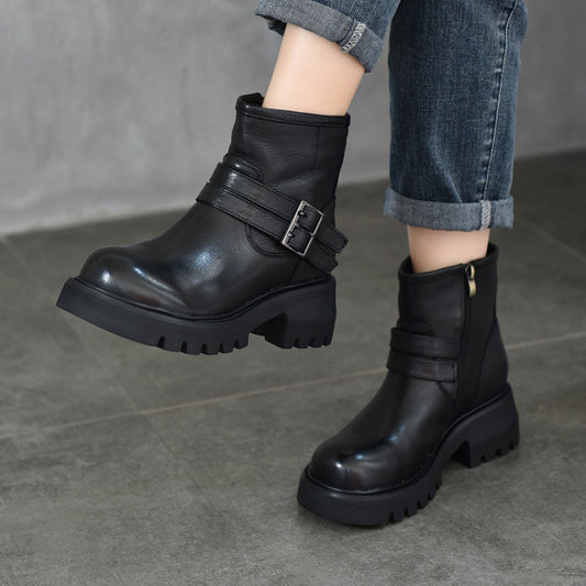 Women's Buckle Thick-soled Short First Layer Cowhide Boots