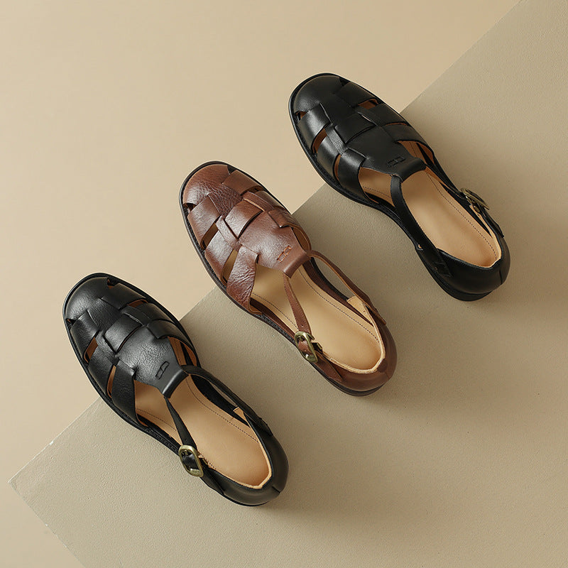 First Layer Cowhide Round Toe Low French Retro Roman Hollowed Flat Sandals