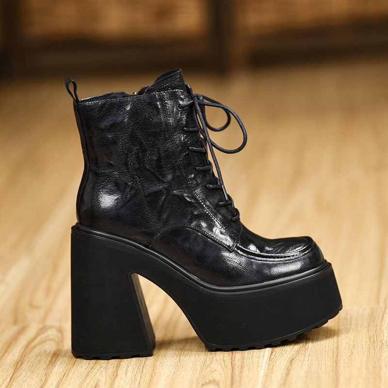 Women's Increasing Lace Up Chunky Martin Round Head Thick Bottom Waterproof Women's Leather Boots