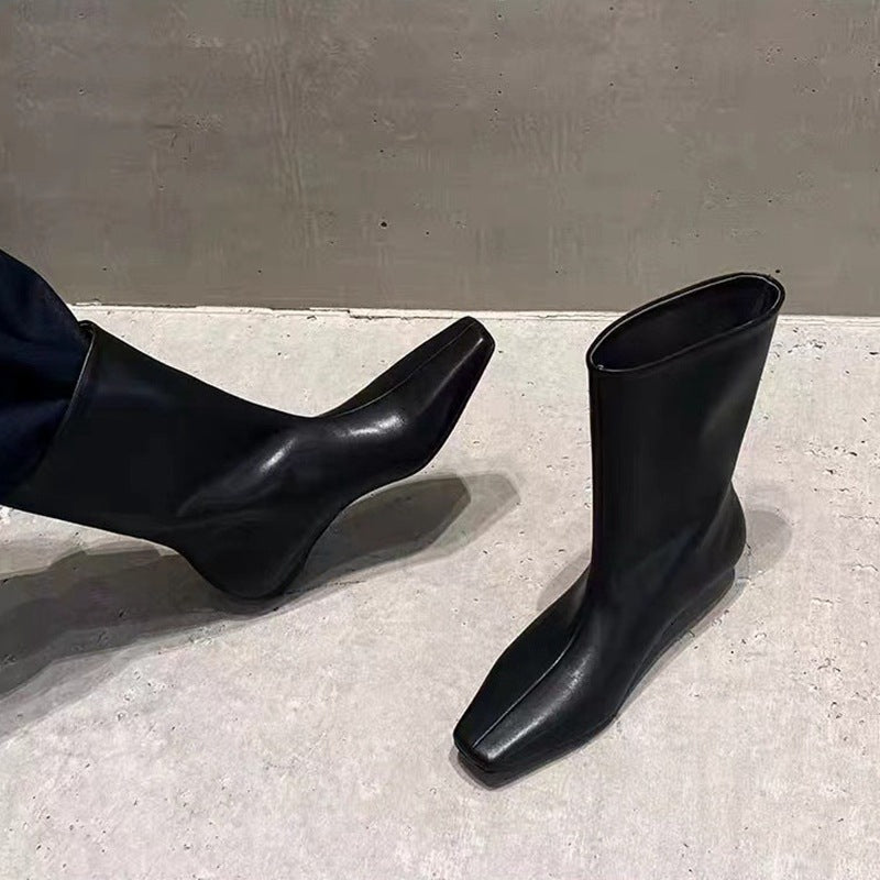Women's Korean Square Toe Flat Short Fashion Thin Wide Tube Skinny Women's Leather Boots
