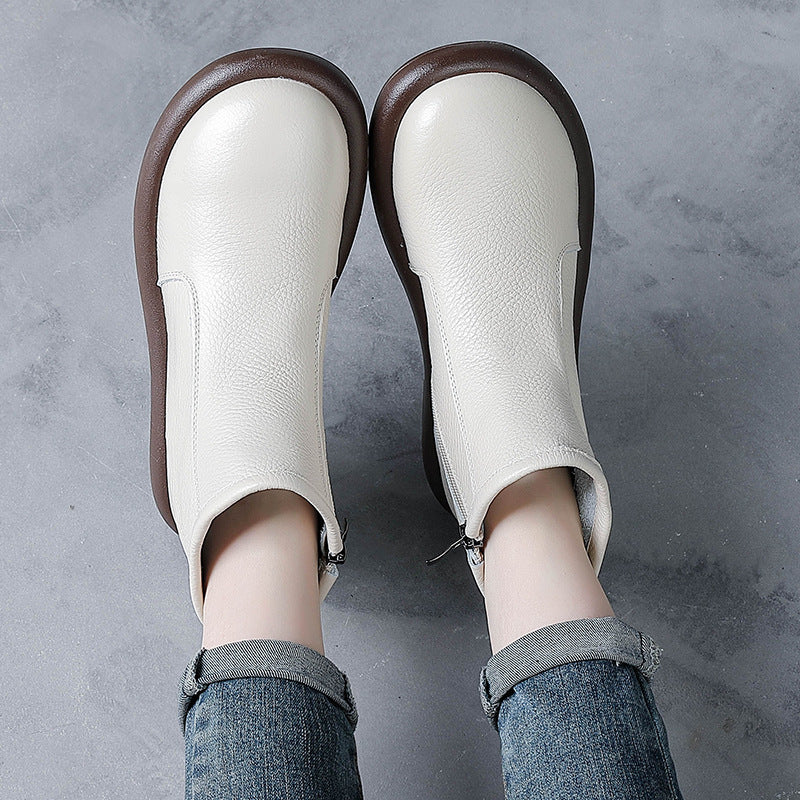 Women's Cowhide Real Wool Low Martin Vintage Genuine Short Round Toe Women's Shoes