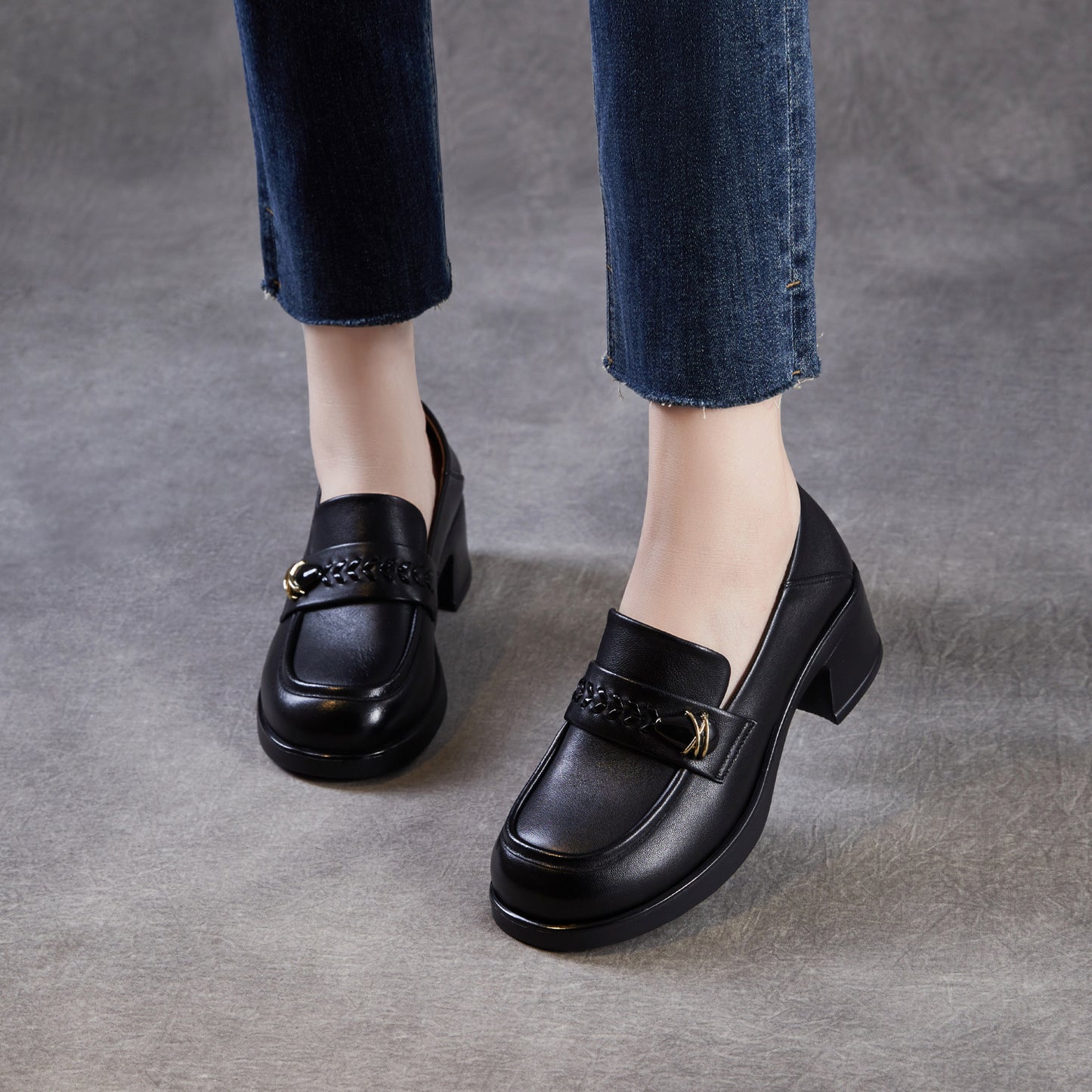 Women's Sheepskin Chunky Spring Genuine Slip-on Mid Round Loafers