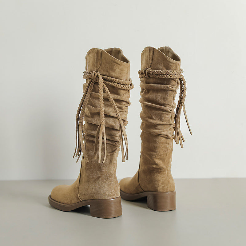 Long Female Vintage Tassel Woven Waste Soil Style Knight Thick Heels