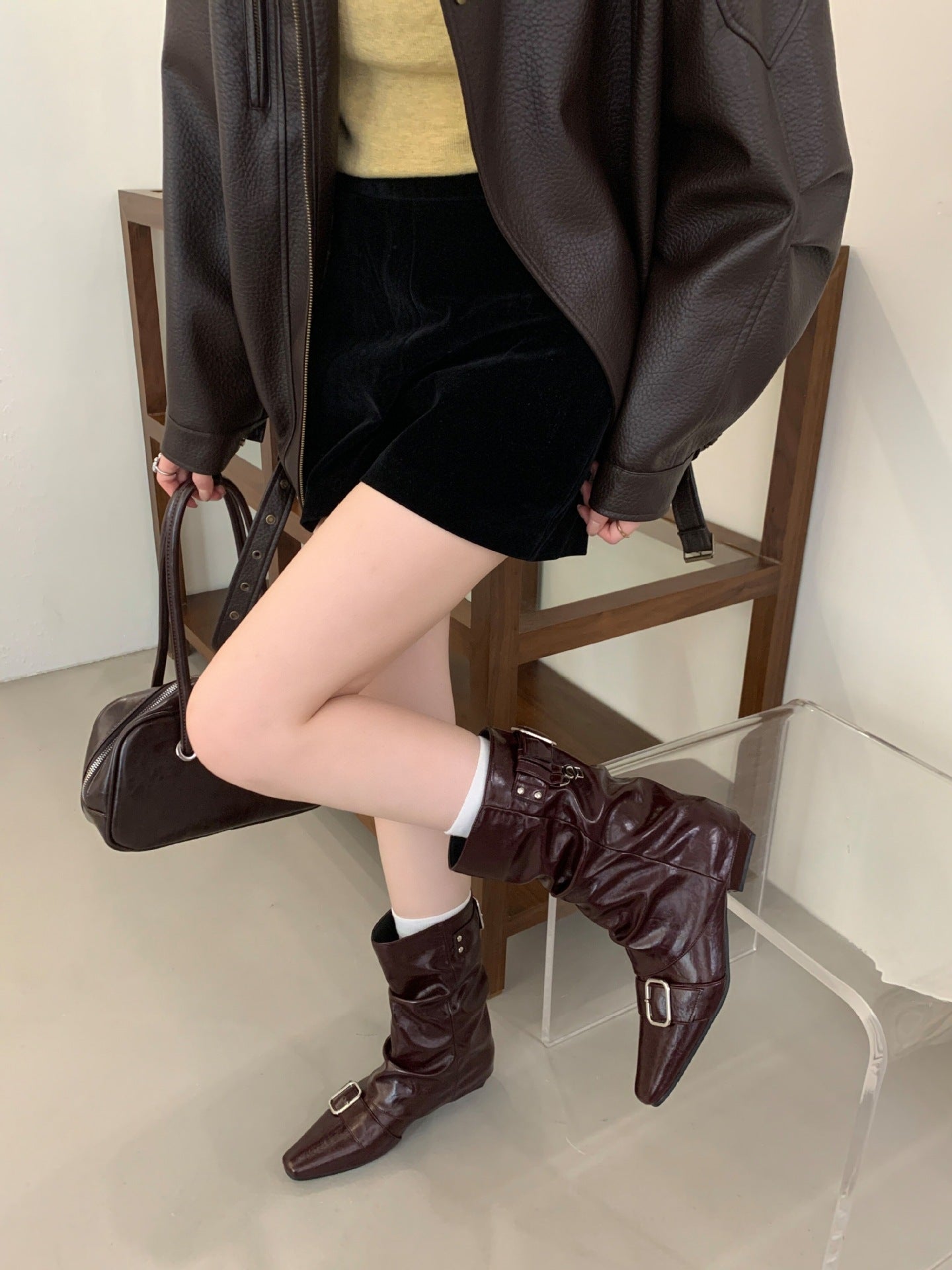 Women's Brown Belt Buckle Booties Western Pile Style Women's Leather Boots