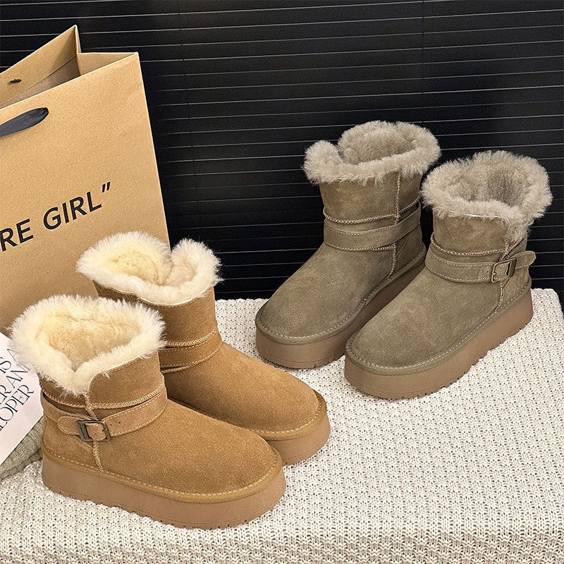 Women's Fabric Cow Suede Mouth Real Wool In Insole Containing Women's Snow Boots