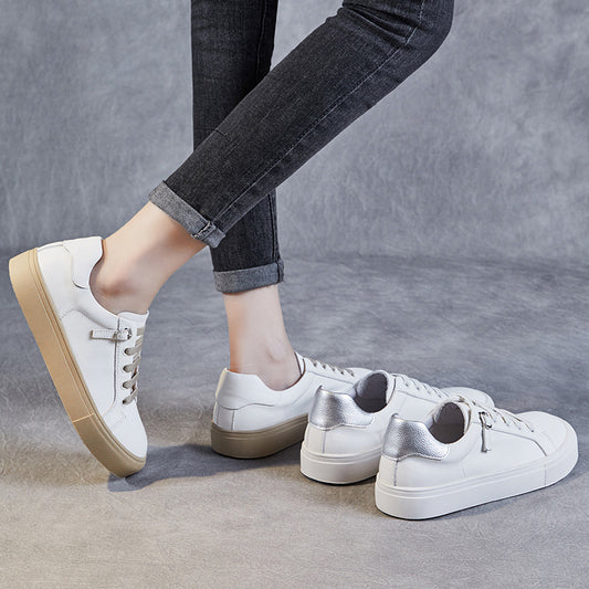 Women's Cowhide Easy Wear Spring Flat White Casual Shoes