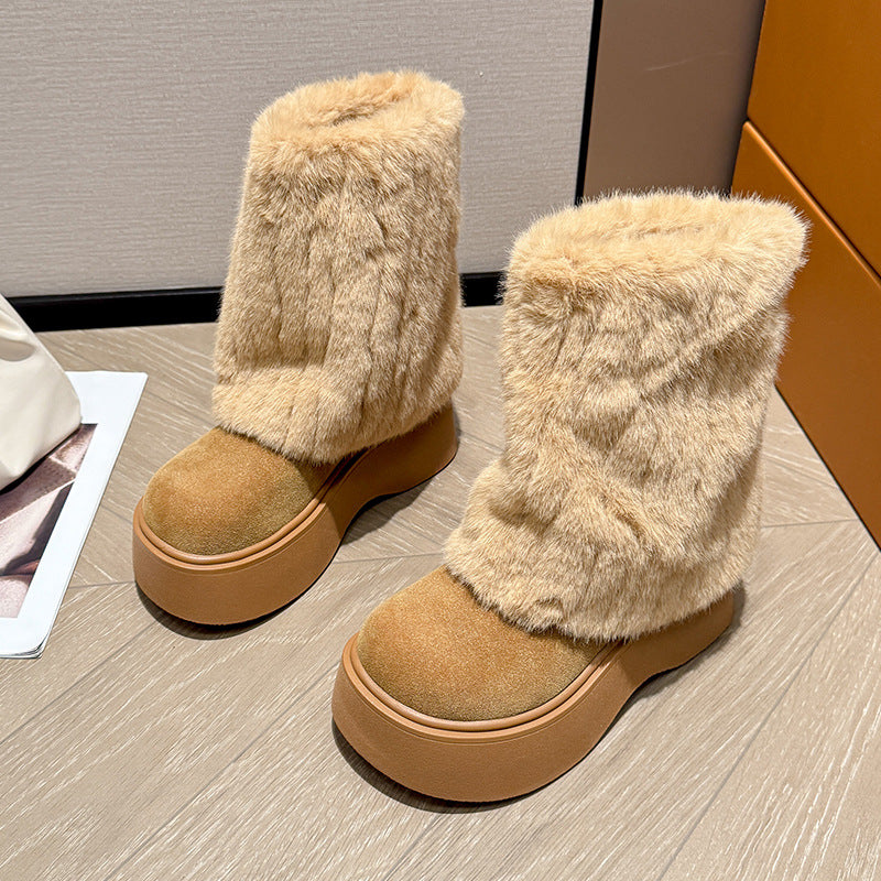 Women's Fur Winter Fleece-lined Thickened Pants Tube Snow Boots