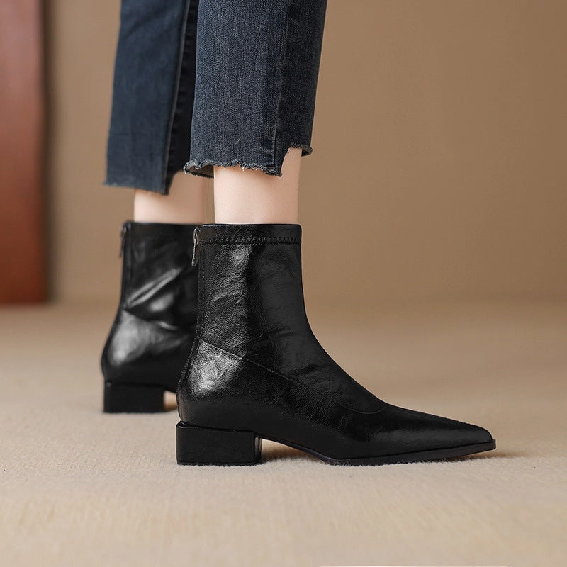 Women's Low Brown Stretch Thin Short Retro Women's Leather Boots