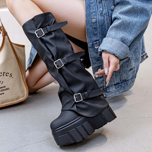 Platform High Female Design Belt Buckle Side Zipper Below The Boots