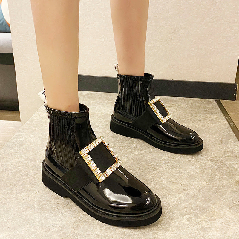 Women's Ankle Rhinestone Square Buckle Patent British Boots