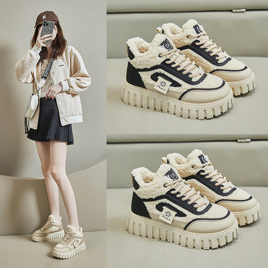 Women's Winter Fleece-lined White Korean Style Platform Height Casual Shoes