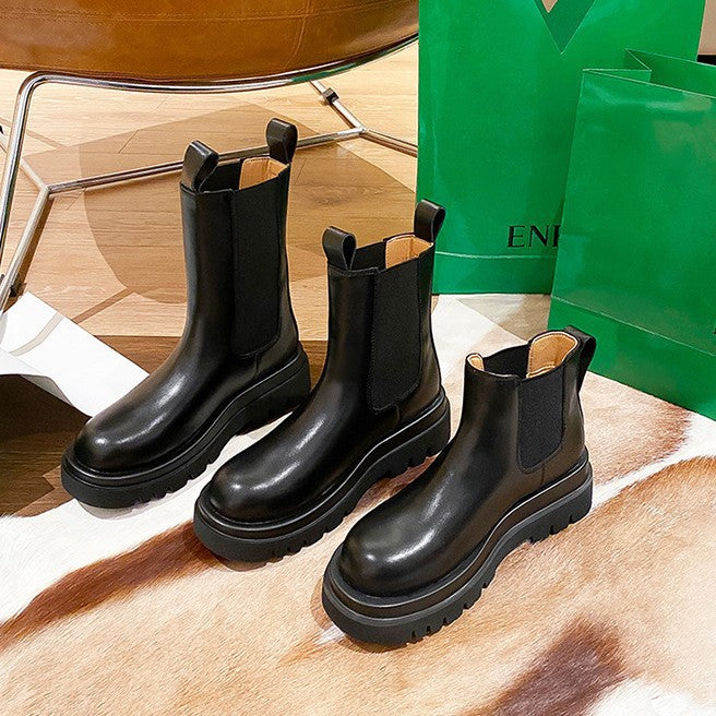 Women's Cowhide Version Fleece-lined Platform Chelsea Booties Hight Increasing Martin Women's Leather Boots