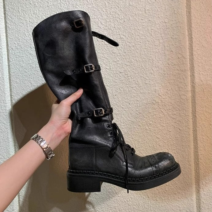Women's Belt Buckle Retro Chunky High Top Martin Boots