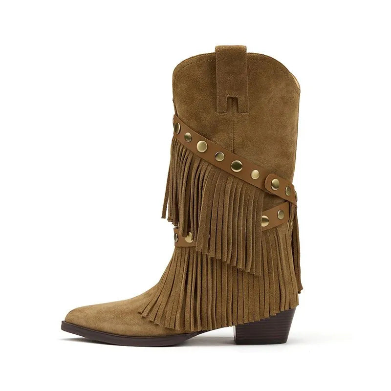 Women's Tassel Western Cowboy Pointed Toe Chunky Fashion Detachable Two-way Women's Leather Boots