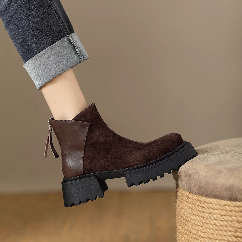 Women's Retro Round Head Genuine Platform Ankle Frosted Elevator Wild Women's Leather Boots